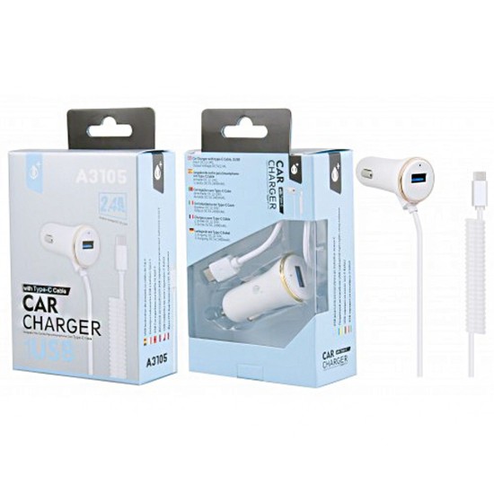 CARREGADOR DE CARRO COM TIPO-C CABO 1 USB 5V  2.4A MTK BRANCO